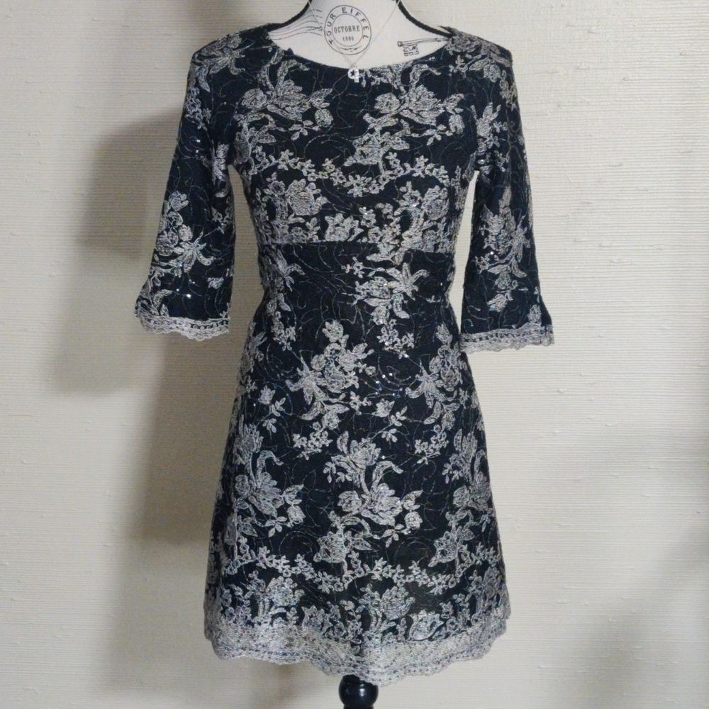 A.B.S. Allen Swartz Metallic moody dark floral sequin midi Dress Whimsygoth_2